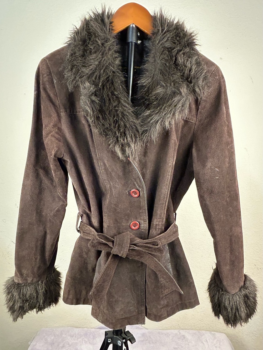 BeyondSport Brown Faux Fur Trim Belted Jacket Women’s L Y2K - Picture 3 of 16